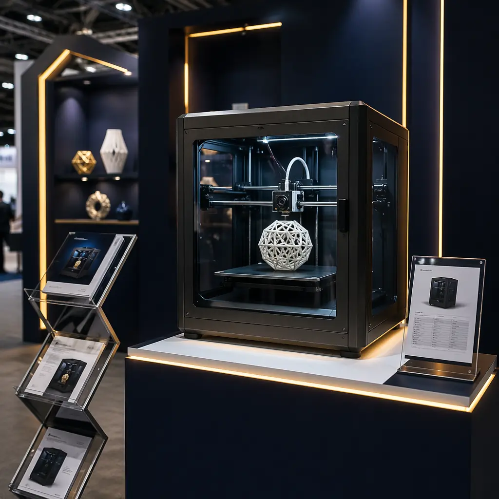 3D printer on display pedestal at trade show exhibition booth, product brochure and spec sheet visible, professional lighting showing retail presentation