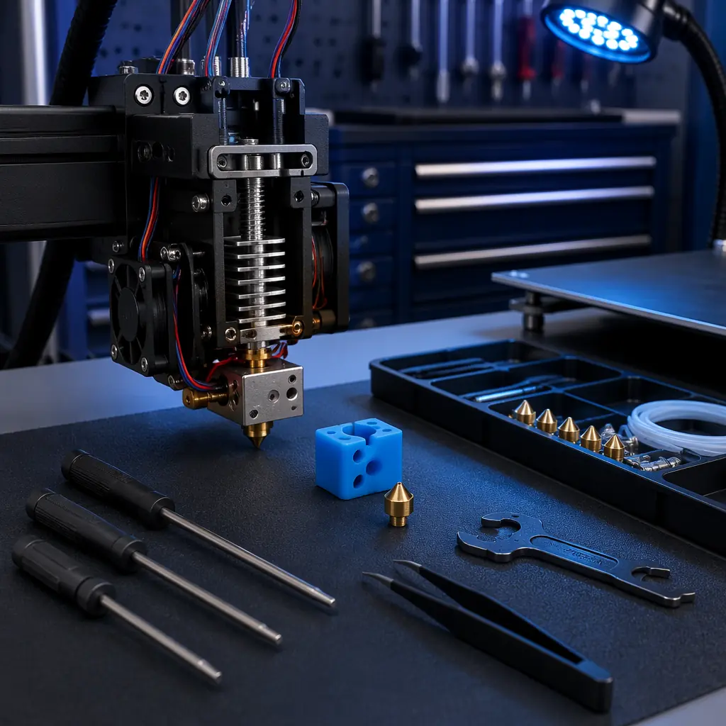 Open 3D printer with visible hotend assembly and precision tools on workbench, technician's hands adjusting calibration, clean workshop environment
