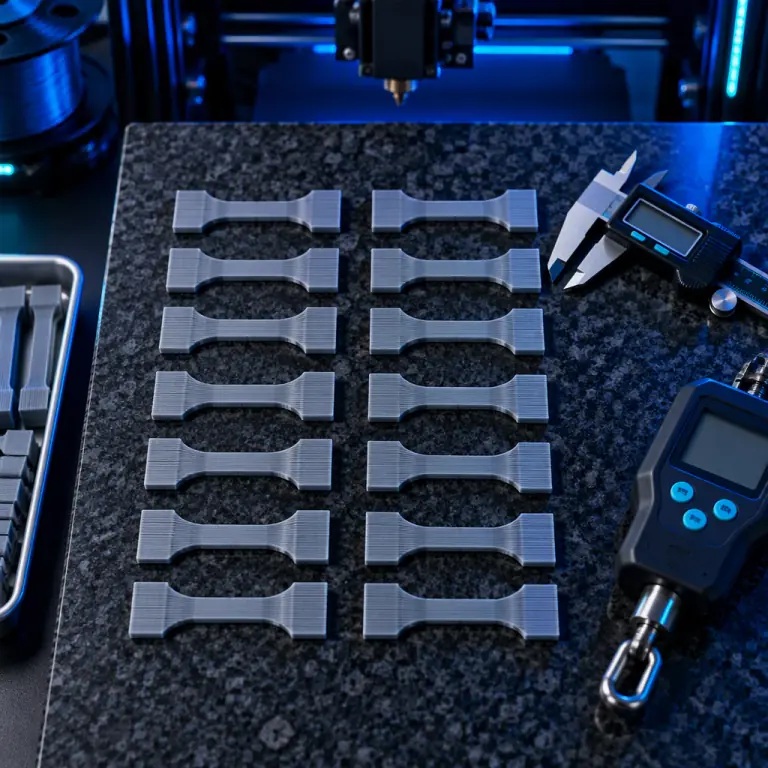Overhead photograph of a grid of identical 3D printed test tensile bars laid out in rows on a dark granite surface plate, each labelled by position with a marker, digital caliper and force gauge beside them