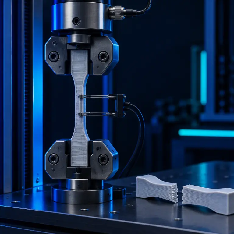 Macro photograph of a printed tensile test specimen in a benchtop universal testing machine with the load cell and extensometer visible, a broken specimen beside it showing a clean layer separation