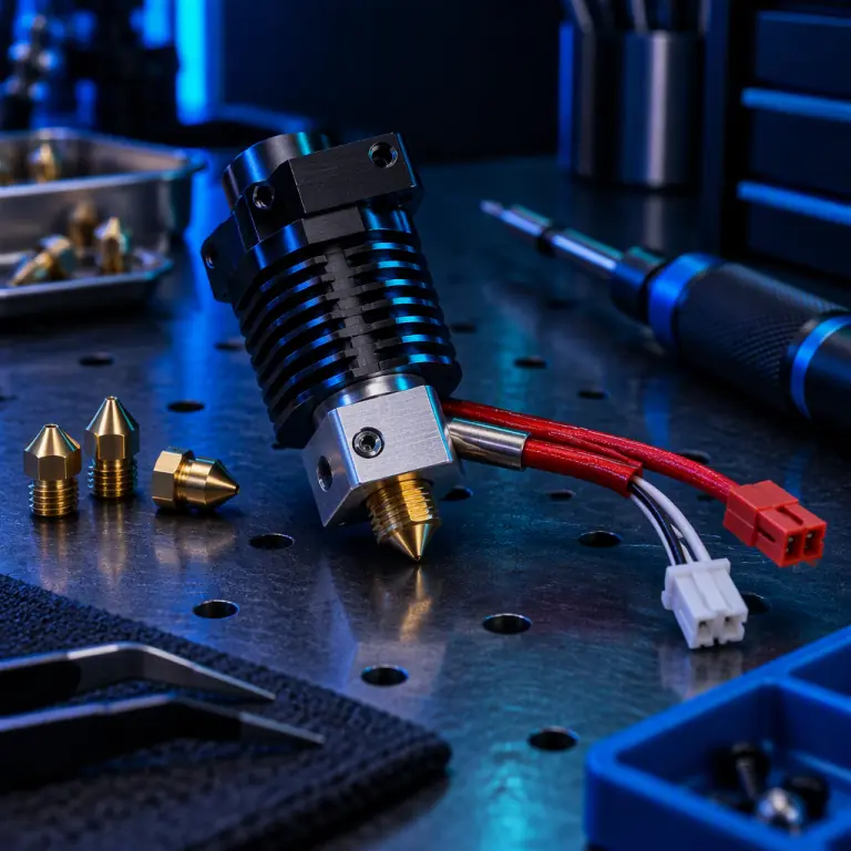Photograph of a 3D printer hotend assembly removed from the machine on a workbench, showing the heater cartridge, thermistor leads and nozzle, with a torque driver and spare nozzle beside it