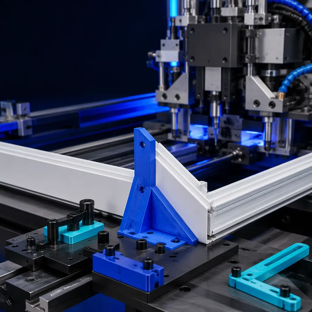 Macro close-up of 3D printed corner welding jig and alignment tool on a window frame fabrication table, PVC window corner welding machine in background, photorealistic, no people, no text, no logos