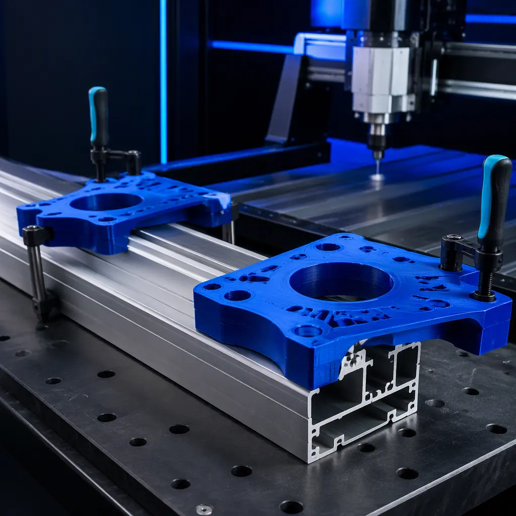 3D printed router templates and drill guides clamped onto an aluminum window profile, CNC router in a fabrication shop background, photorealistic, no people, no text, no logos