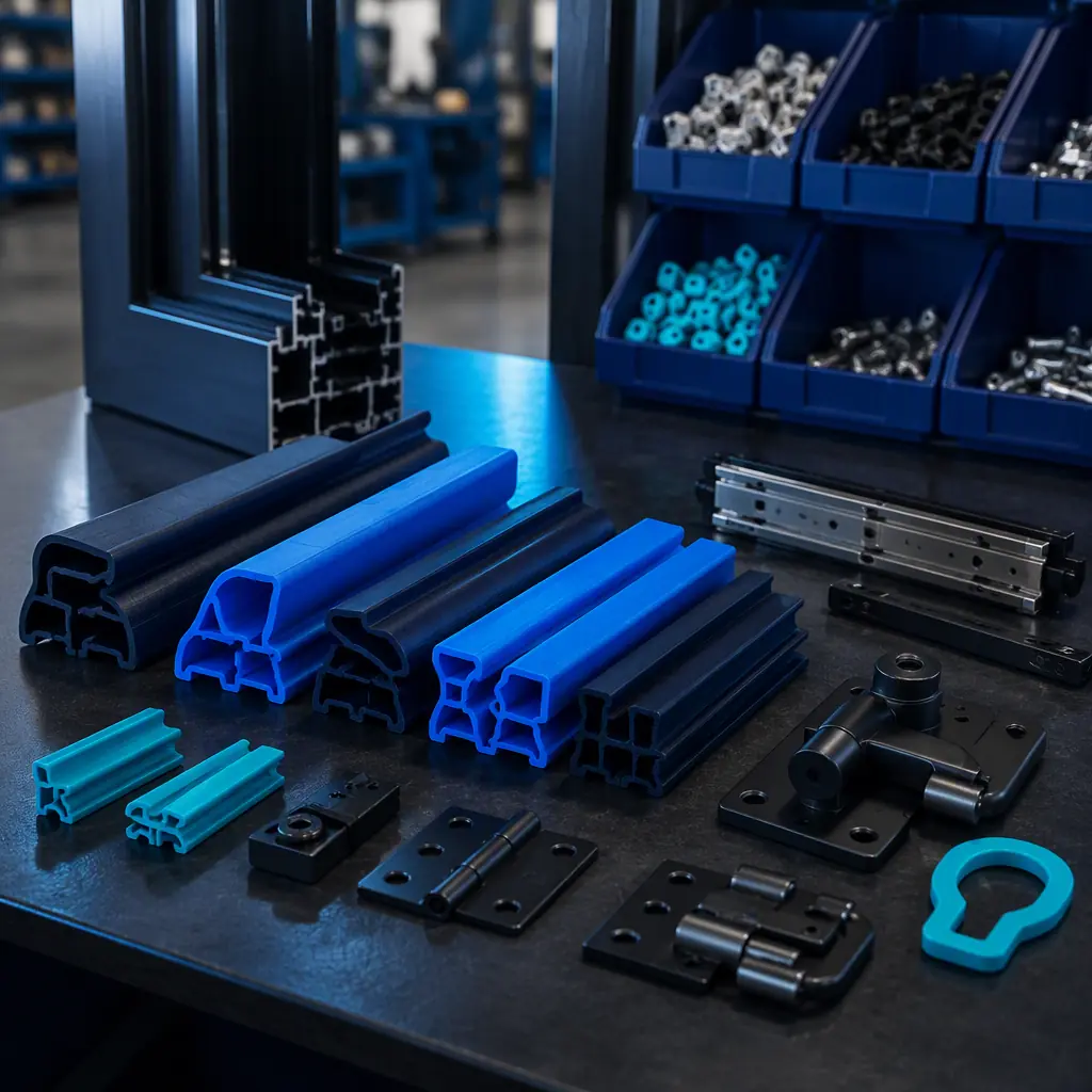 3D printed gasket profile samples and hardware prototypes arranged on a workbench in a door factory, window hardware bins visible, photorealistic, no people, no text, no logos