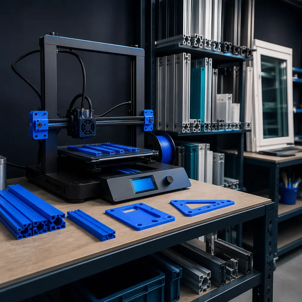 3D printer on a shelf in a door and window fabrication workshop, printed spacer bars and hinge templates nearby, window profiles on a wall rack, photorealistic, no people, no text, no logos