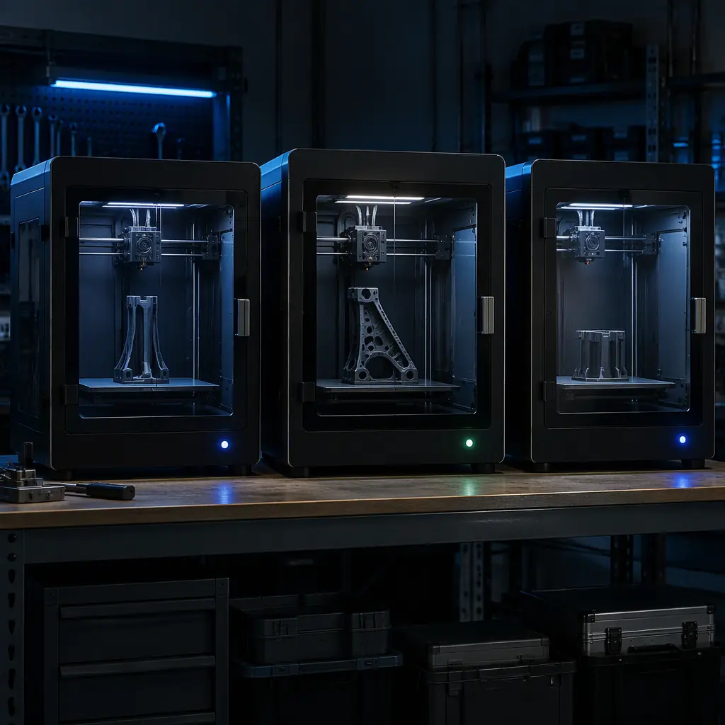 Row of industrial 3D printers on a factory floor under test, control panels lit, dark industrial interior, blue accent lighting, medium distance