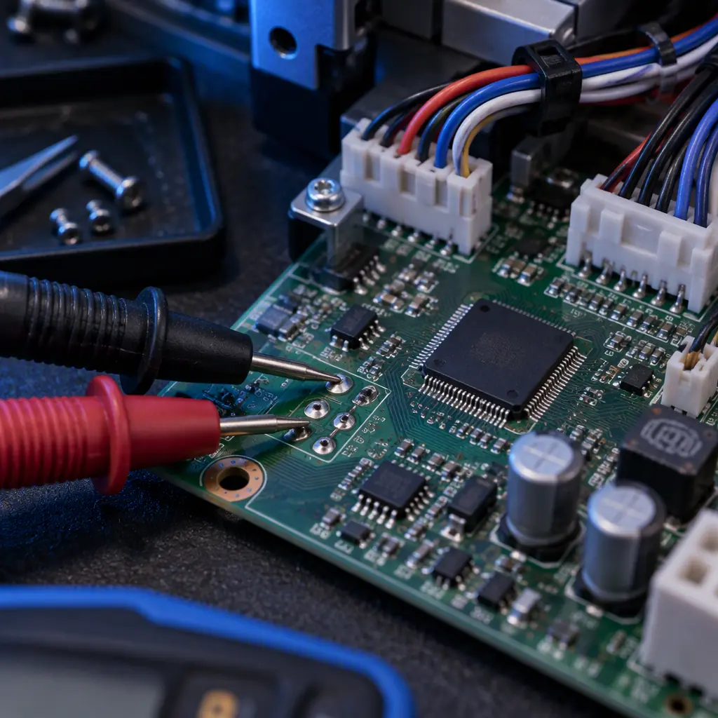 Close-up of a printer control board and wiring harness under inspection on a bench, multimeter probes attached, dark workshop, blue accent lighting, macro detail