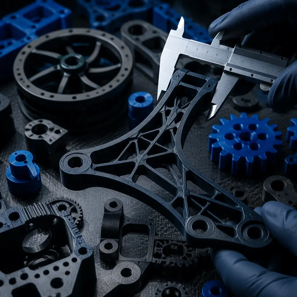 3D-printed drone airframe components displayed on engineering workbench, carbon-fiber-reinforced nylon parts, calipers and measurement tools nearby, professional workshop with navy and technical blue lighting