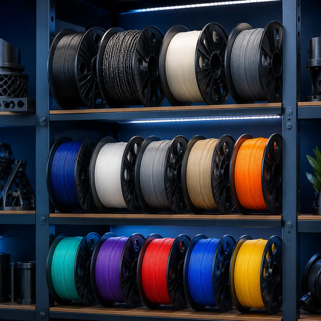 Assortment of 3D printer filament spools in engineering materials, carbon-fiber nylon, PETG, TPU displayed on workshop shelf, organized by material type, navy blue background with accent lighting on material surfaces