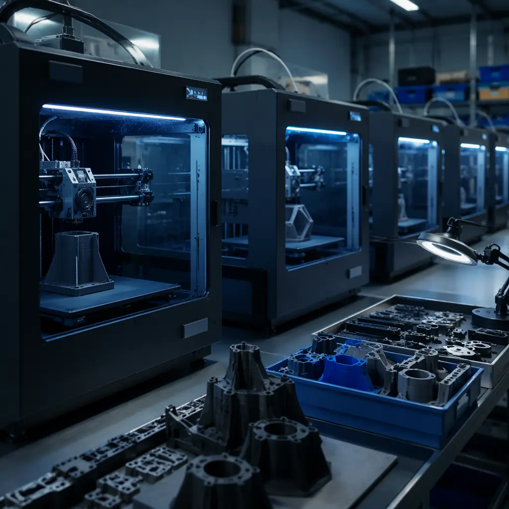 Multiple 3D printers running simultaneously in industrial workshop, printing drone components in engineering materials, organized production environment with component trays and quality inspection station, navy and steel blue industrial aesthetic