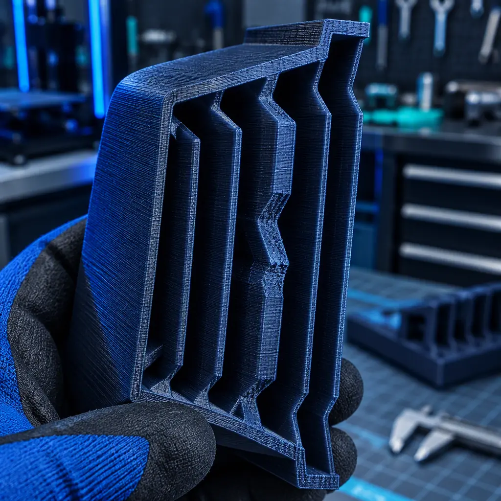 3D printed corner blocks and bed chocks holding an industrial 3D printer in a shipping crate, warehouse setting with blue accent lighting