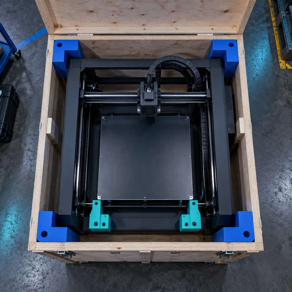 Close-up of a ribbed 3D printed impact insert showing layer orientation and a sacrificial crush rib, engineering workshop lighting