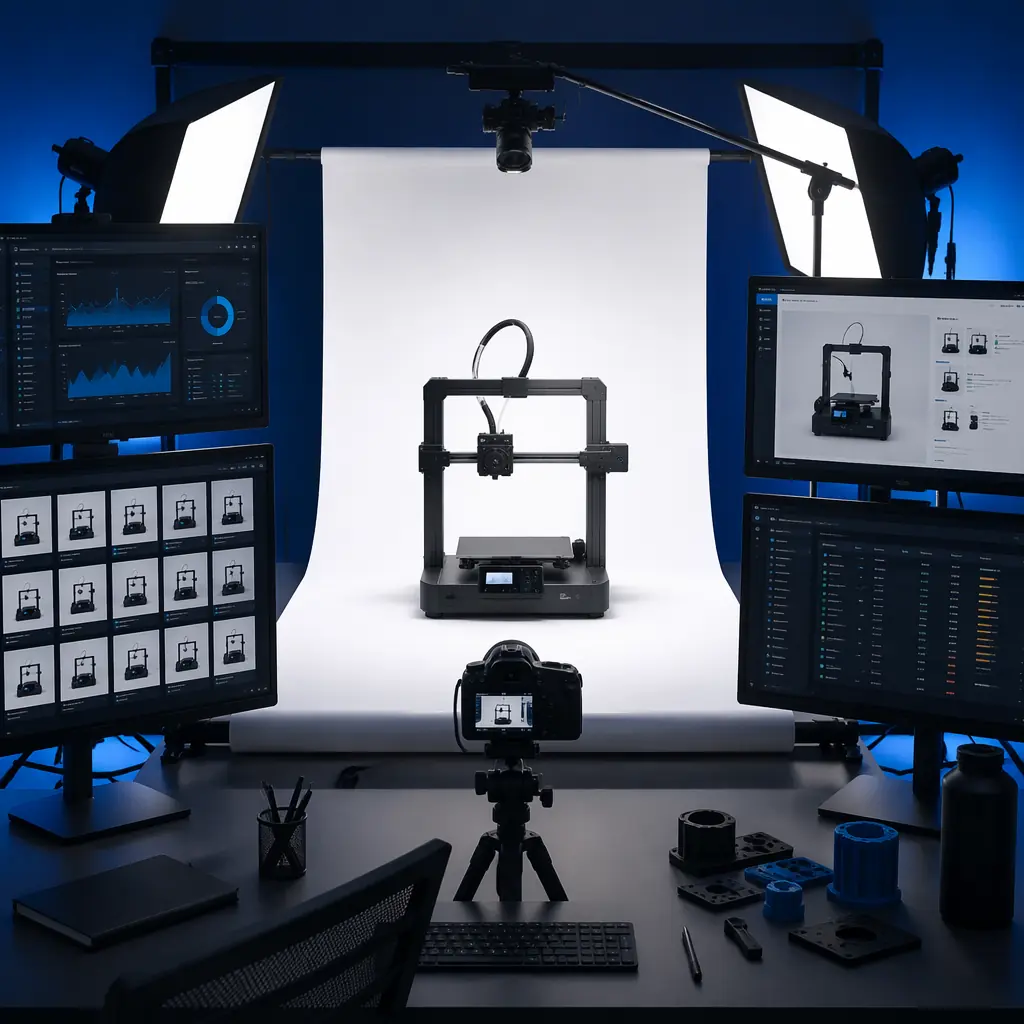3D printer boxes on warehouse shelving with Amazon FBA shipping labels and barcodes, fulfillment center environment with conveyor belt and scanning stations in background, industrial warehouse lighting, logistics operations scene, deep navy background with electric blue accents
