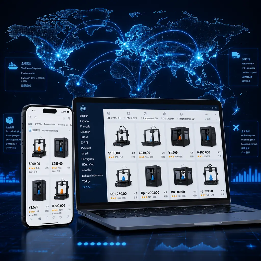 Modern e-commerce product photography setup for a 3D printer, white seamless background, professional studio lighting with softboxes, multiple camera angles visible on monitor, 3D printer on rotating turntable, product listing optimization workspace, tech-forward aesthetic