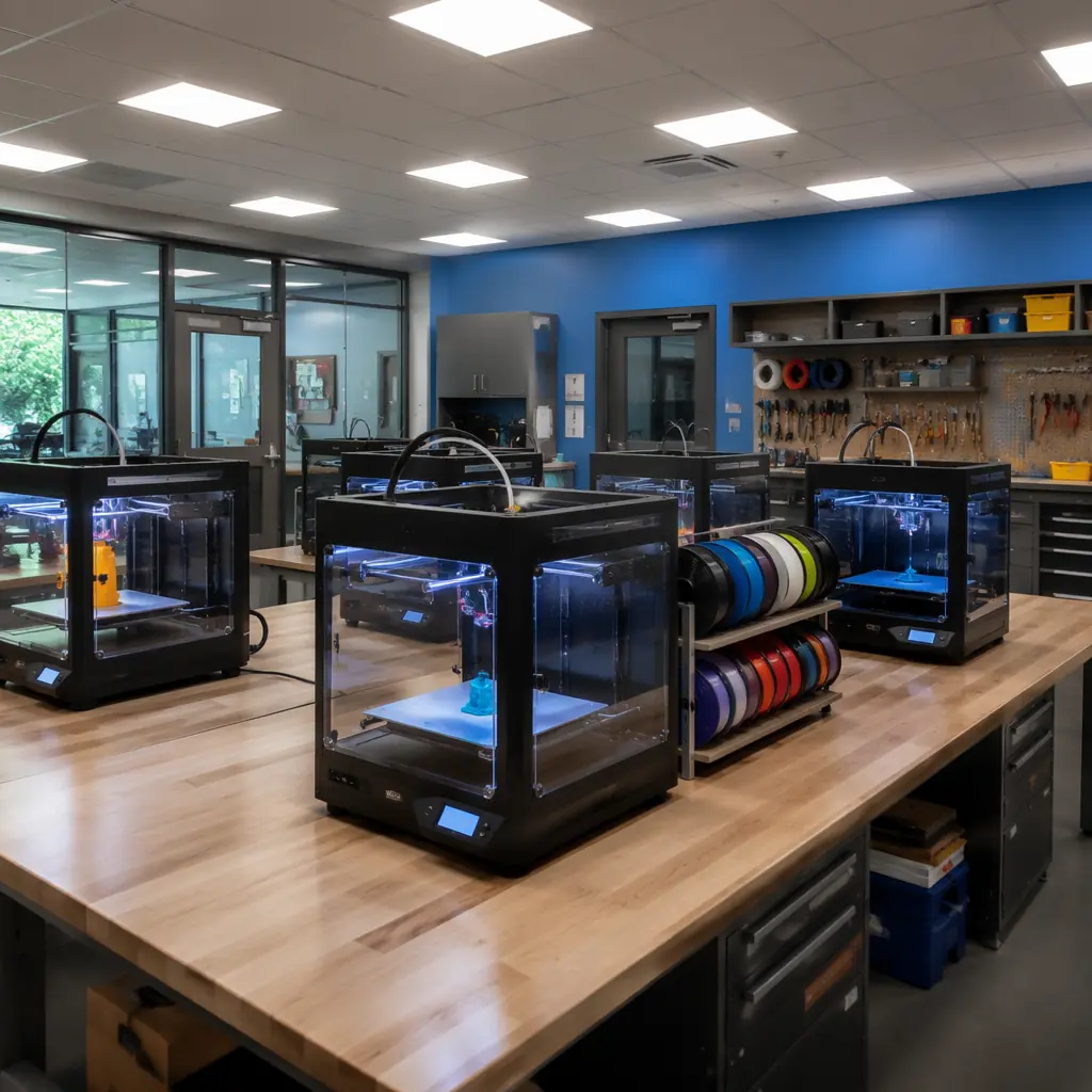 Modern STEM classroom with rows of 3D printers on workbenches, students examining printed models under bright LED lighting