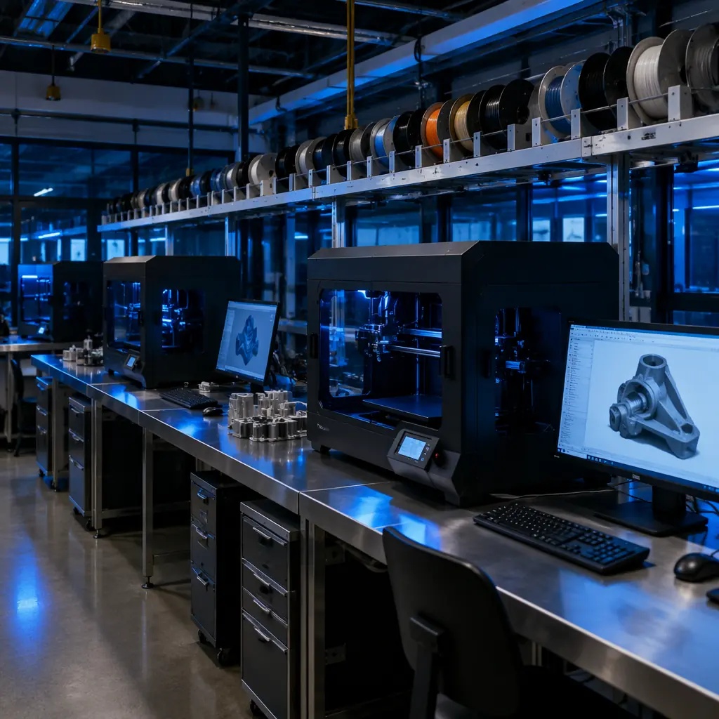 University engineering lab with industrial-grade enclosed 3D printers, filament spool racks, and student workstations with CAD software monitors