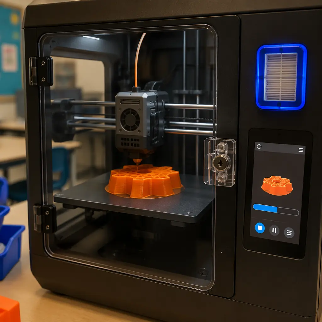 Close-up of enclosed 3D printer with HEPA filter indicator, touchscreen interface showing print progress, and safety-locked transparent door in classroom setting