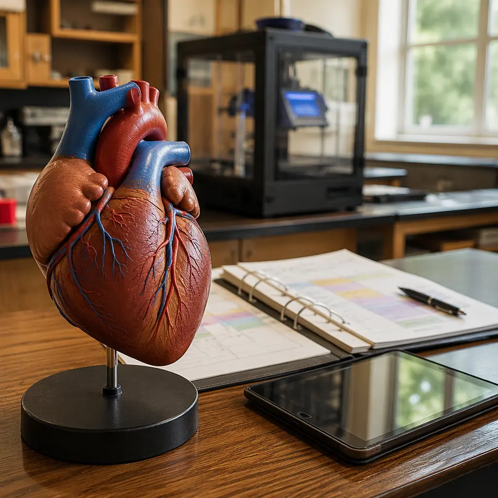 Teacher demonstrating 3D printed anatomical model to students in a biology classroom, with lesson plan binder and printer visible in background
