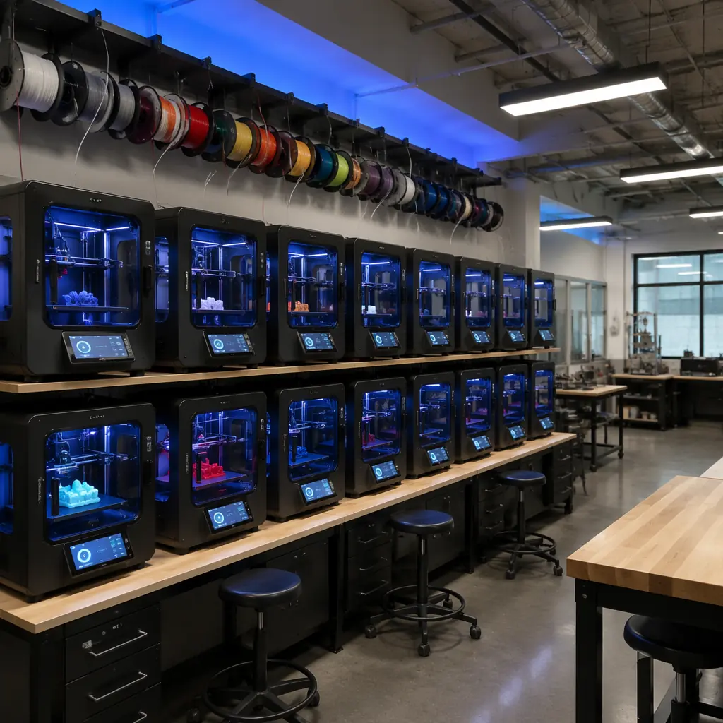 Side-by-side fleet of enclosed 3D printers in a high school fabrication lab, each printer displaying different print progress on touchscreens, filament racks mounted on wall