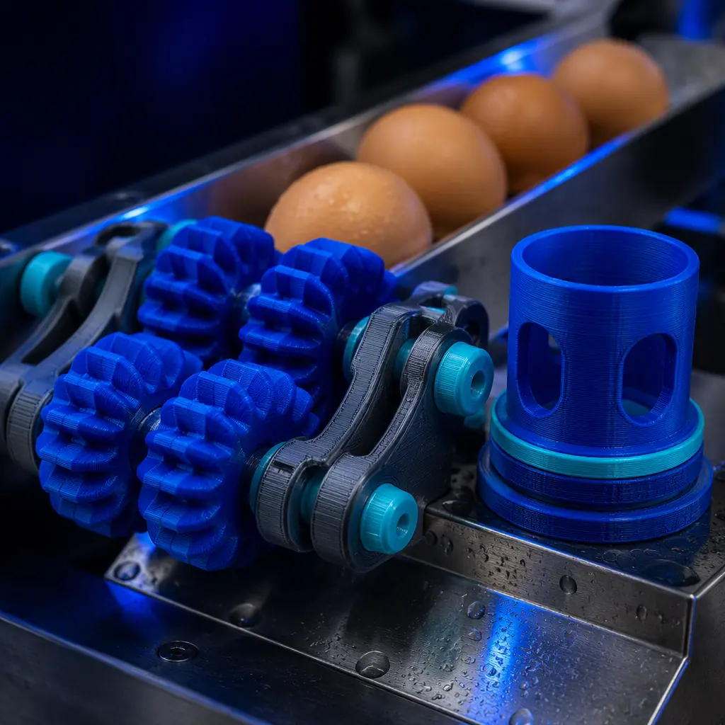 Macro close-up of 3D printed egg-grader gripper rollers and candling carry cups on a stainless egg-grading machine, gentle wash-down droplets and a few eggs on the grading lane, cold agricultural lighting with electric blue accent, deep navy ambient, no text