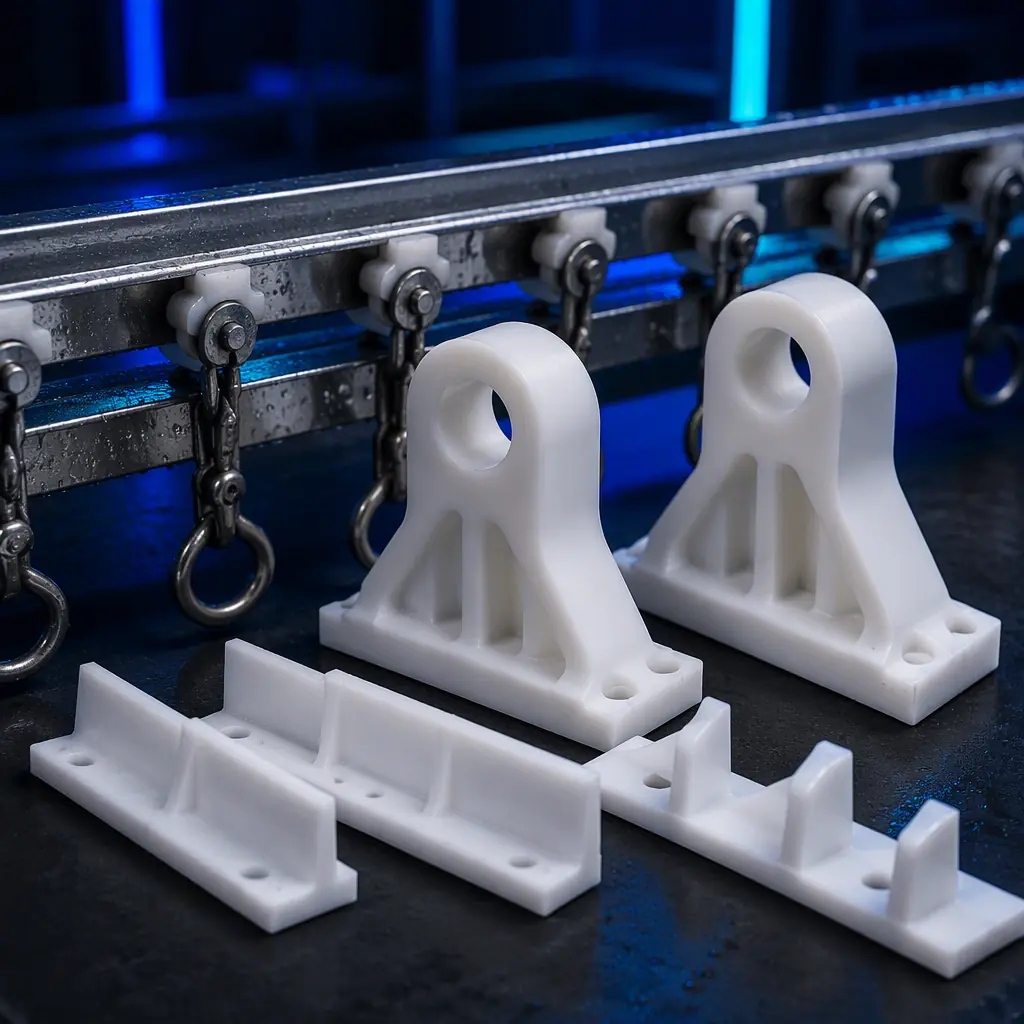 3D printed UHMWPE-compatible shackle guide brackets and conveyor flight cleats beside a stainless poultry shackle conveyor rail with condensation, close-up on a dark maintenance bench, cold agricultural lighting with electric blue accent, no text