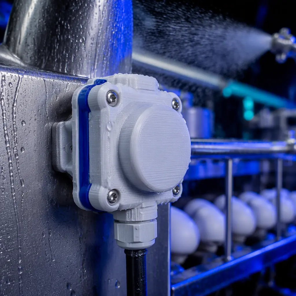 3D printed food-grade sensor housing and gasket rated for hot caustic washdown, mounted on a stainless egg-poultry processing machine with condensing moisture and a spray pattern, cold agricultural lighting with electric blue accent, no text