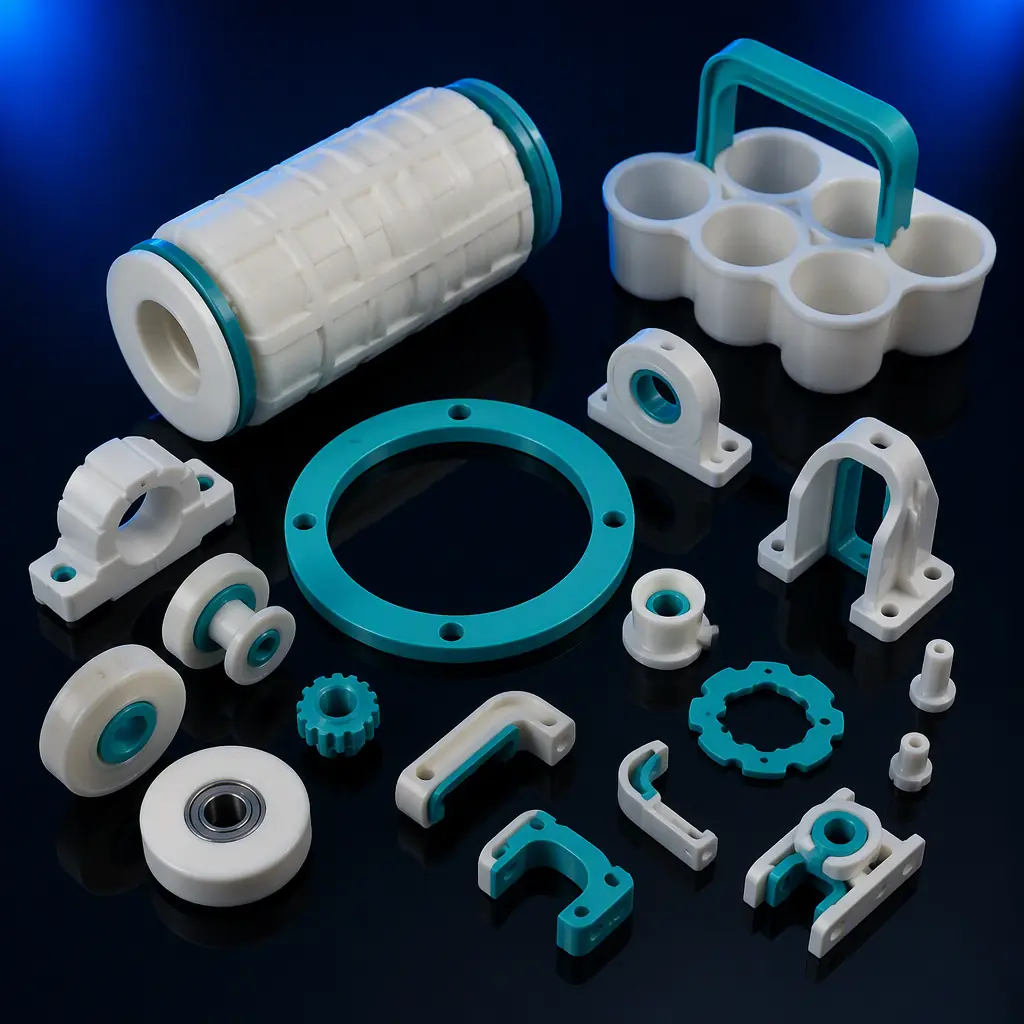 Array of 3D printed egg-poultry plant spares on a dark maintenance bench: egg-grader roller, candling carry cup, shackle guide bracket, washdown housing gasket, cast in food-grade polymer with a subtle teal brand-free accent, deep navy background, precision engineering lighting, no text