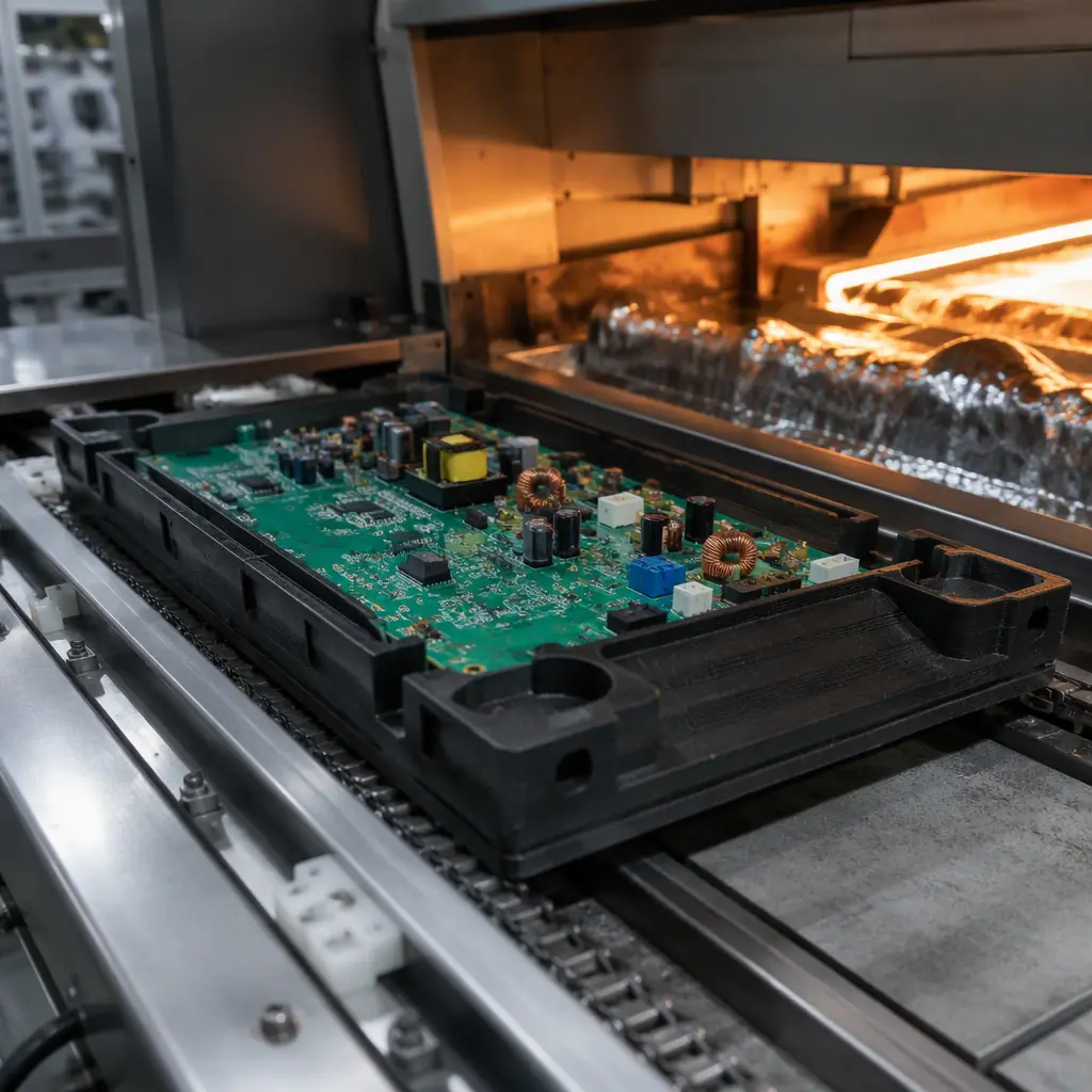 3D printed glass-filled PPS wave solder pallet holding a PCB assembly on a wave soldering machine conveyor, molten solder wave visible, factory environment