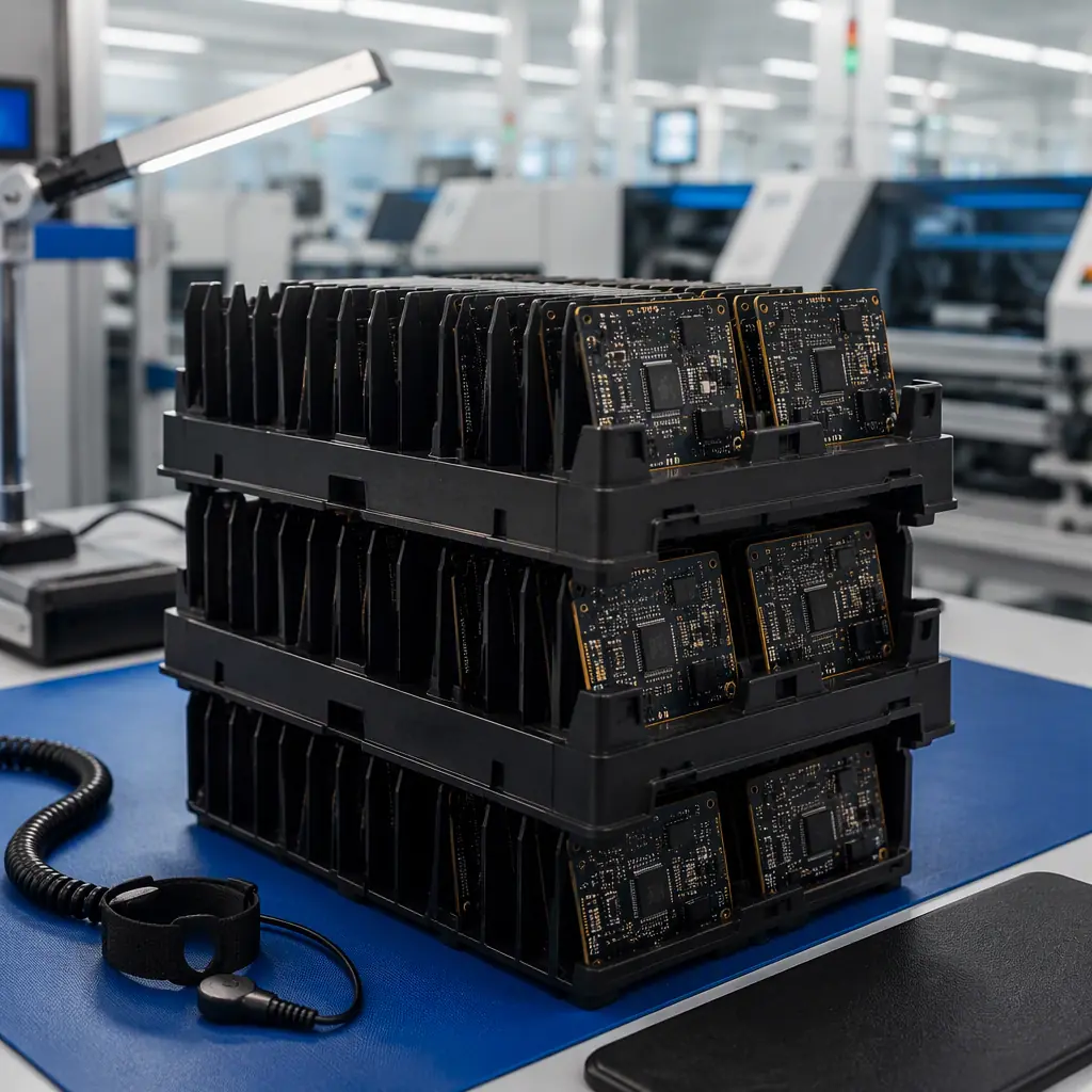 Stack of 3D printed ESD-safe black PCB handling trays holding circuit boards on a clean SMT line workbench, anti-static mats, factory environment