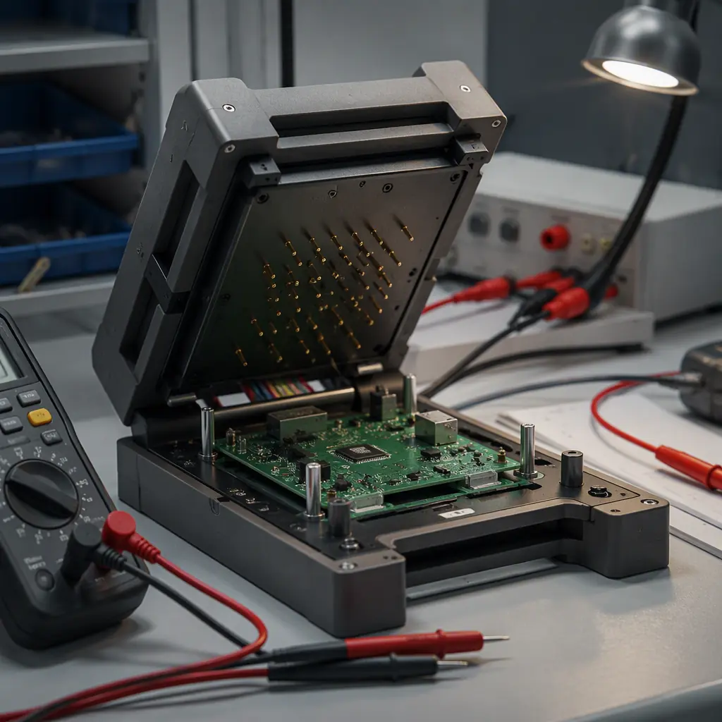 3D printed ICT test fixture housing with spring probe pins holding a PCB in a test nest, benchtop testing station with multimeter, engineering lab
