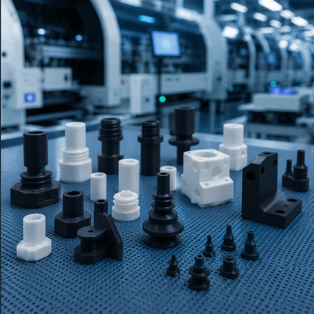 Assortment of 3D printed vacuum nozzle adapters and feeder parts for pick-and-place machines arranged on an anti-static mat, SMT line in soft-focus background