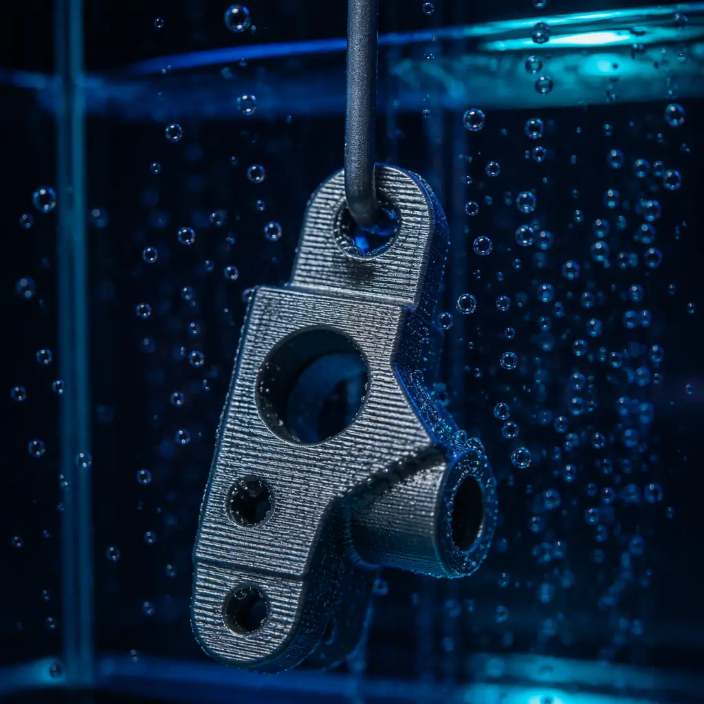 3D printed part undergoing electroless nickel plating in a chemical bath, metal film forming on the surface, engineered material
