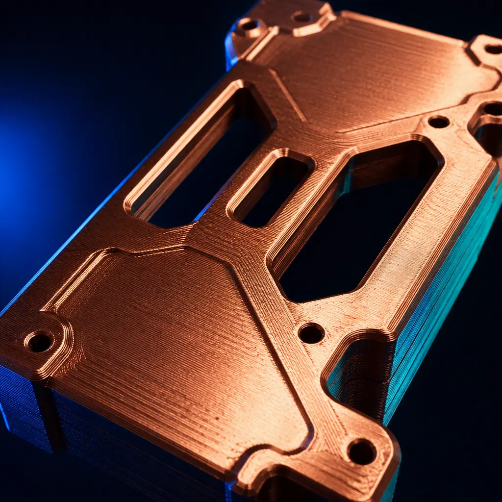 Macro close-up of a copper-plated 3D printed panel showing a bright, even metallic surface with fine texture