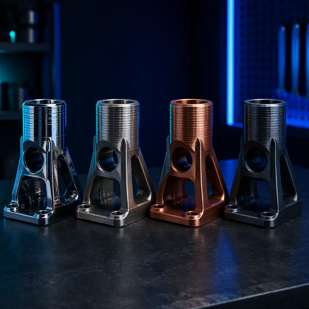 Array of 3D printed parts with different metal finishes: bright chrome, matte nickel and copper, arranged on a dark bench
