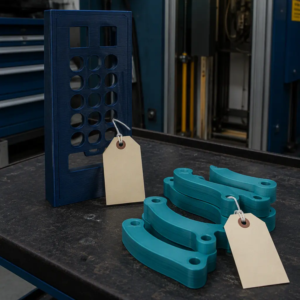 3D printed elevator button panel housing and guide shoe shims on a service workbench in an elevator maintenance shop, inspection tags on the parts, workshop lighting
