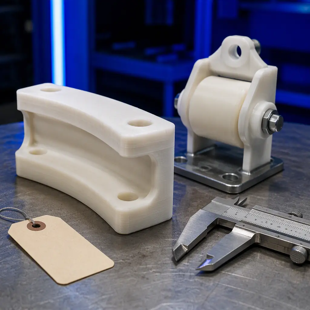 Macro close-up of a 3D printed nylon guide shoe liner and roller bracket on a workbench in an elevator service shop, calipers and inspection tag beside the parts, workshop lighting