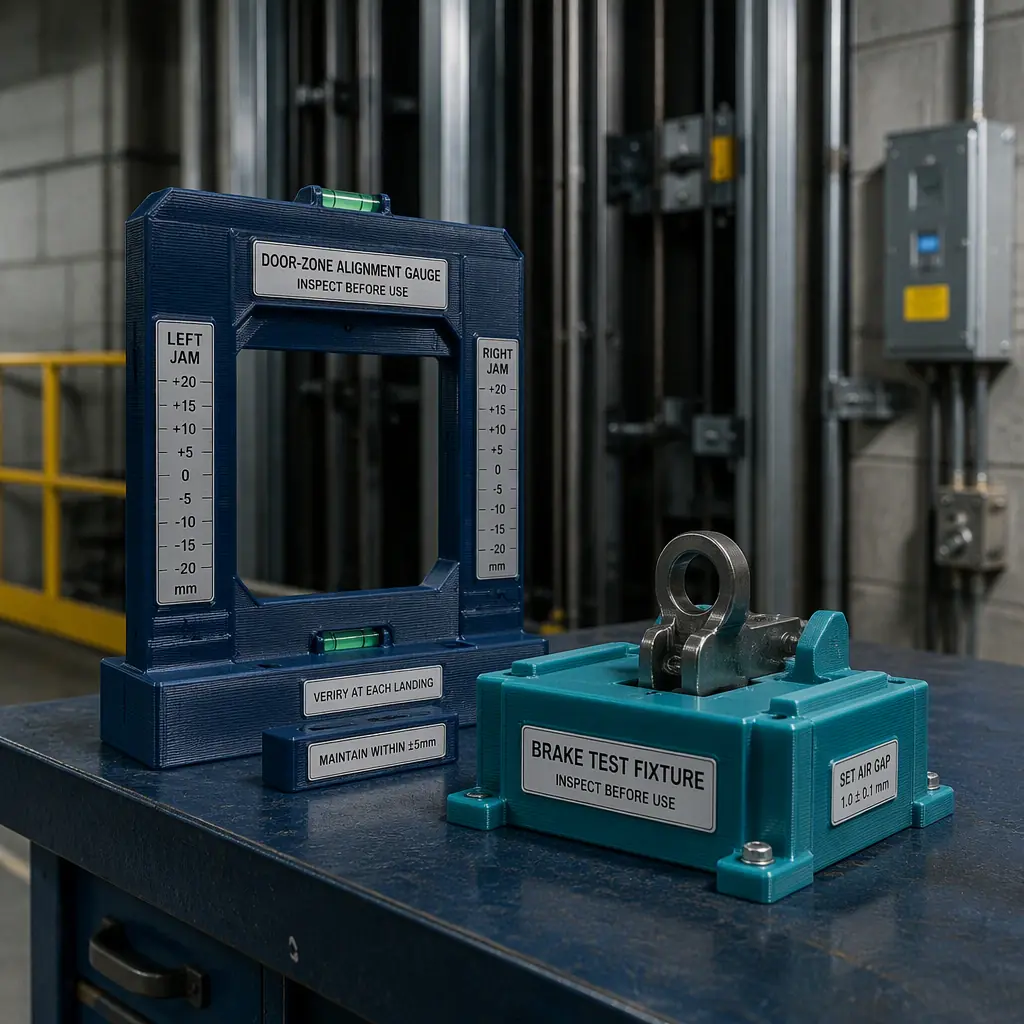 3D printed door-zone alignment gauge and brake test fixture on a service workbench in an elevator machine room, inspection labels on the printed tools, hoistway equipment in background