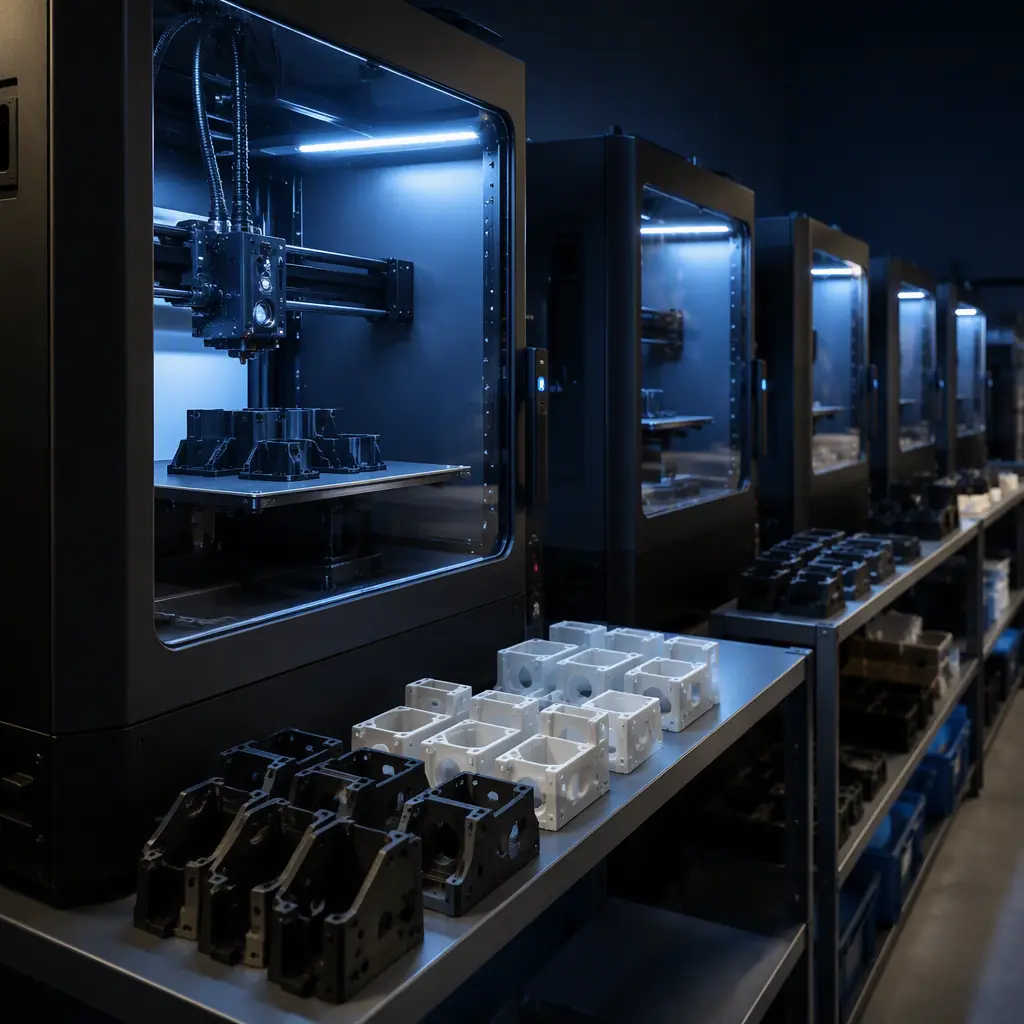Row of 3D printers printing elevator spare parts in a service company workshop, printed button housings and brackets on shelves, LED-lit chambers, workshop lighting