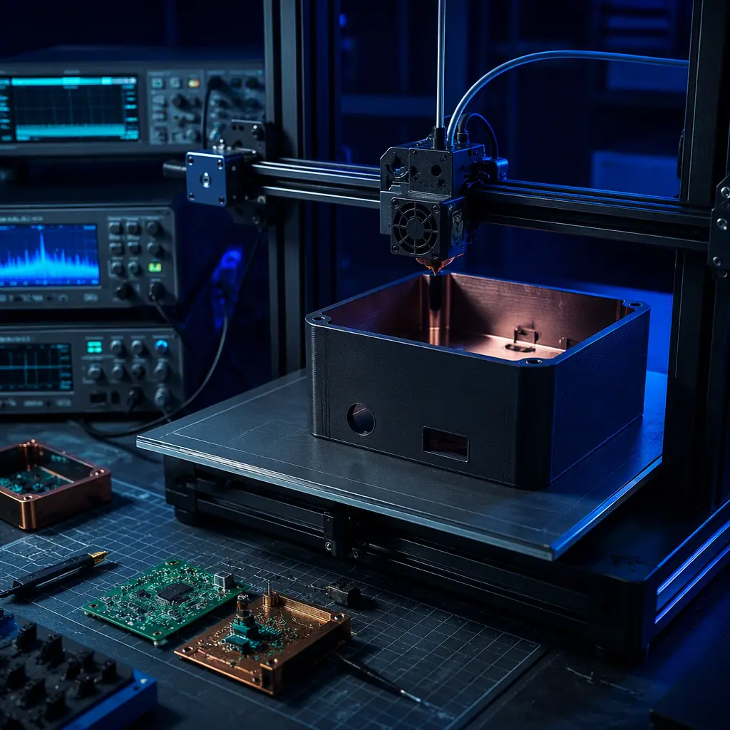 Photorealistic 3D render of a 3D printer in an electronics engineering lab printing a conductive carbon-filled enclosure with a copper-coated interior, circuit boards and RF test equipment on the bench, deep navy ambient with electric blue accent, no text, no logos, no people