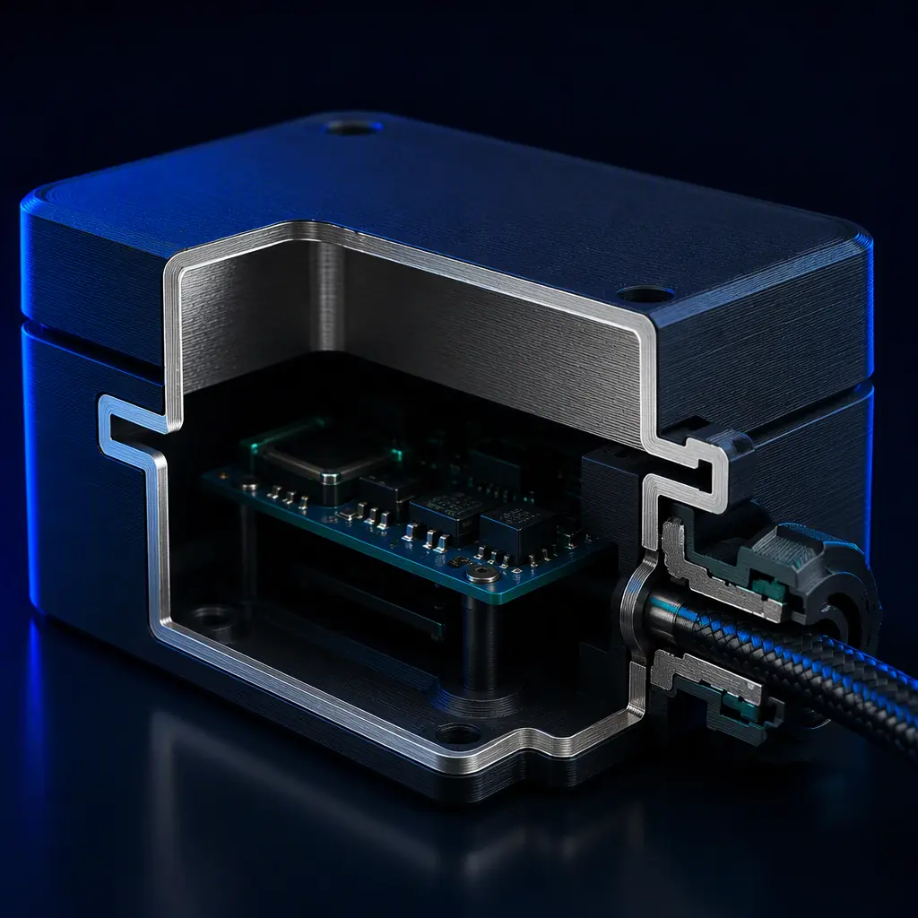 Cross-section 3D render of a conductive 3D printed electronics enclosure revealing a continuous shielded wall, an overlapping lid-to-base seam and a shielded cable port, precise engineered surface, deep navy ambient with electric blue accent, no text, no logos