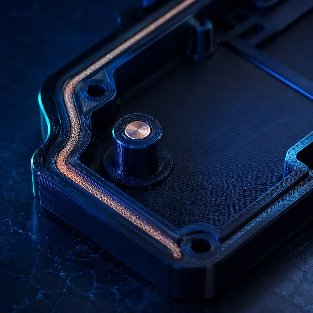 Macro close-up of a 3D printed conductive enclosure lid with a moulded gasket groove, conductive contact boss and a copper-filled seam shown across a dark bench, precise engineered surface, deep navy ambient with electric blue accent, no text, no logos