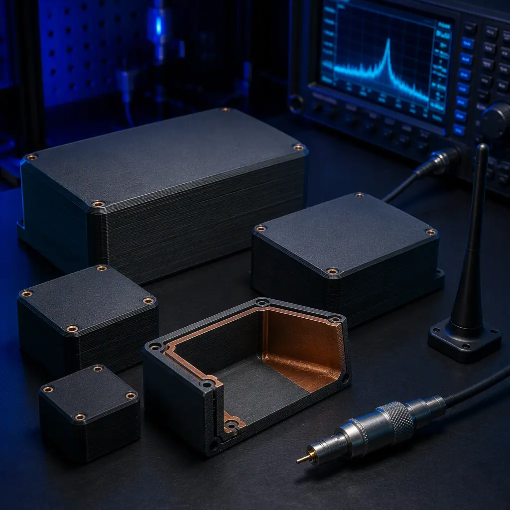 Array of 3D printed conductive RF enclosures of different sizes on a dark bench, one cut open to reveal a gasket groove and a copper-filled wall, an antenna and RF analyser probe nearby, deep navy ambient with electric blue accent, no text, no logos