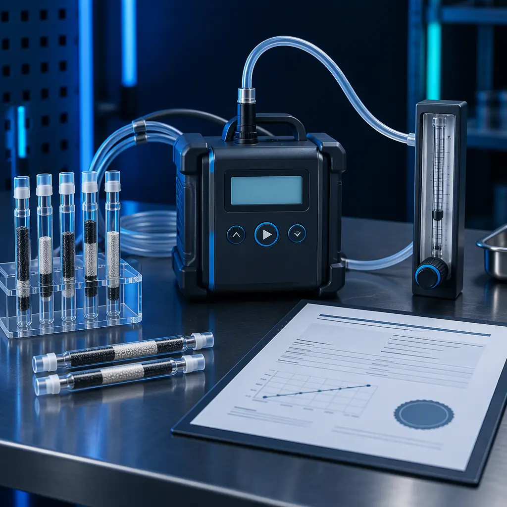 Close-up photograph of a handheld volatile organic compound detector and an ultrafine particle counter held at breathing height beside an enclosed 3D printer with the chamber door open