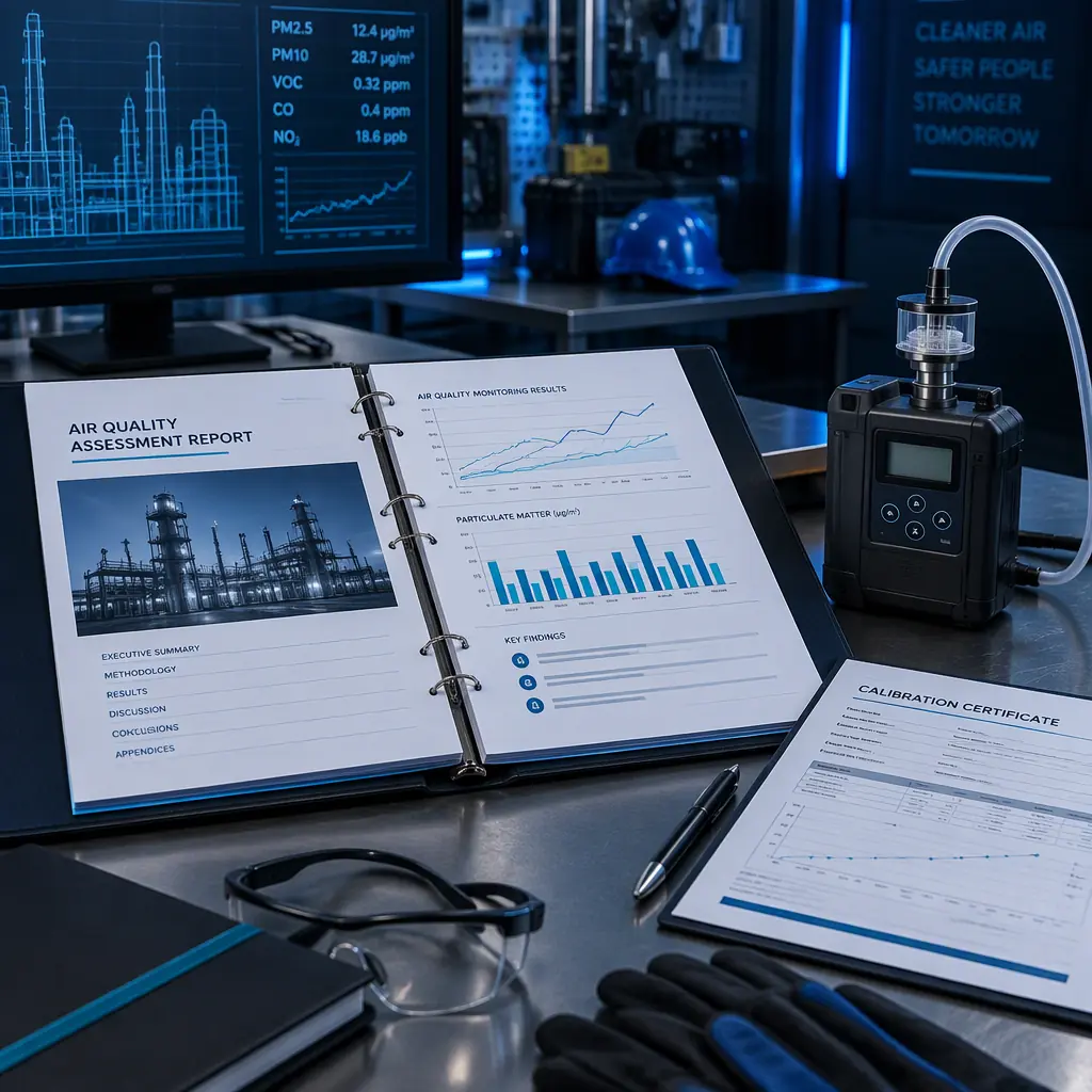 Photograph of a completed air quality assessment report folder on a desk beside an air sampling pump and calibration certificate in an industrial office setting