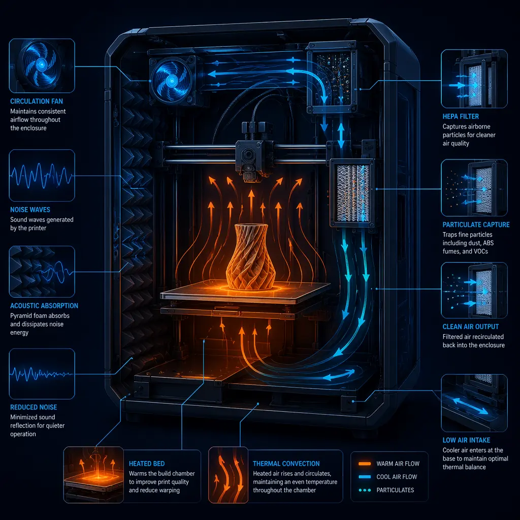 Cutaway diagram showing thermal airflow, particulate filtration, and noise paths in enclosed vs open-frame printers