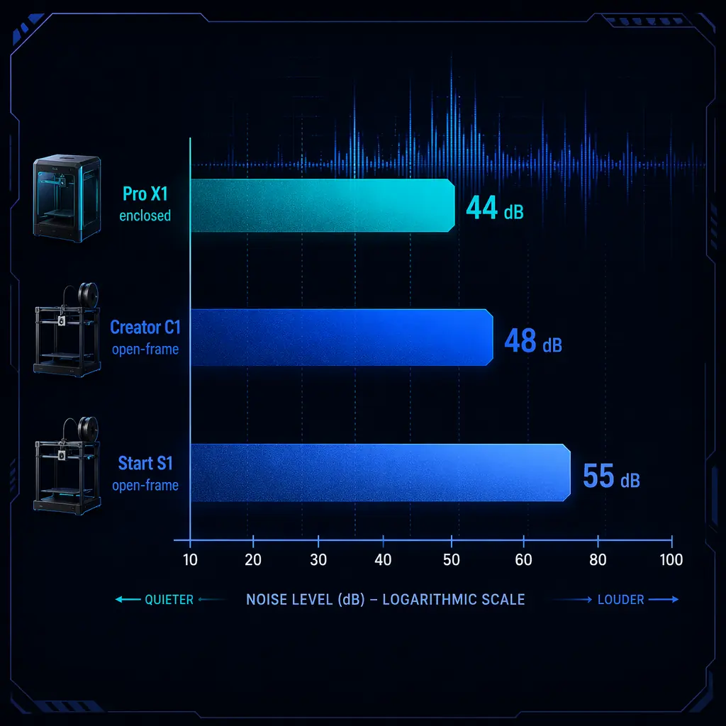 Noise level comparison chart: enclosed vs open-frame at various print speeds and fan settings