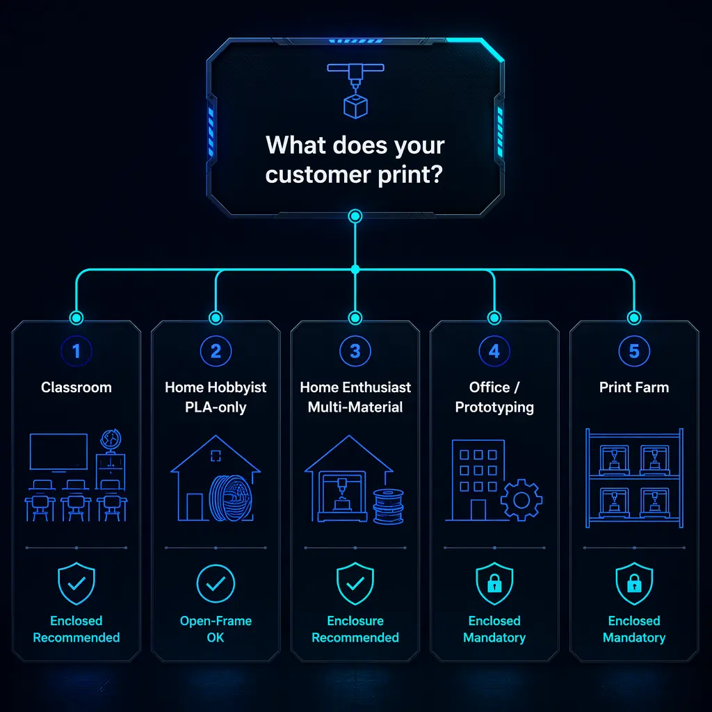 Customer segment decision tree: education, hobbyist, enthusiast, office, and print farm each mapped to enclosure requirements