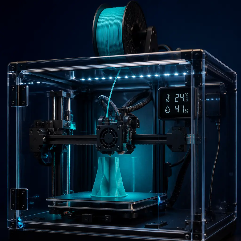 3D printer enclosure display area in a professional distribution showroom, acrylic and rigid enclosures on shelving alongside enclosed printers, navy and blue-toned commercial environment with product spec cards
