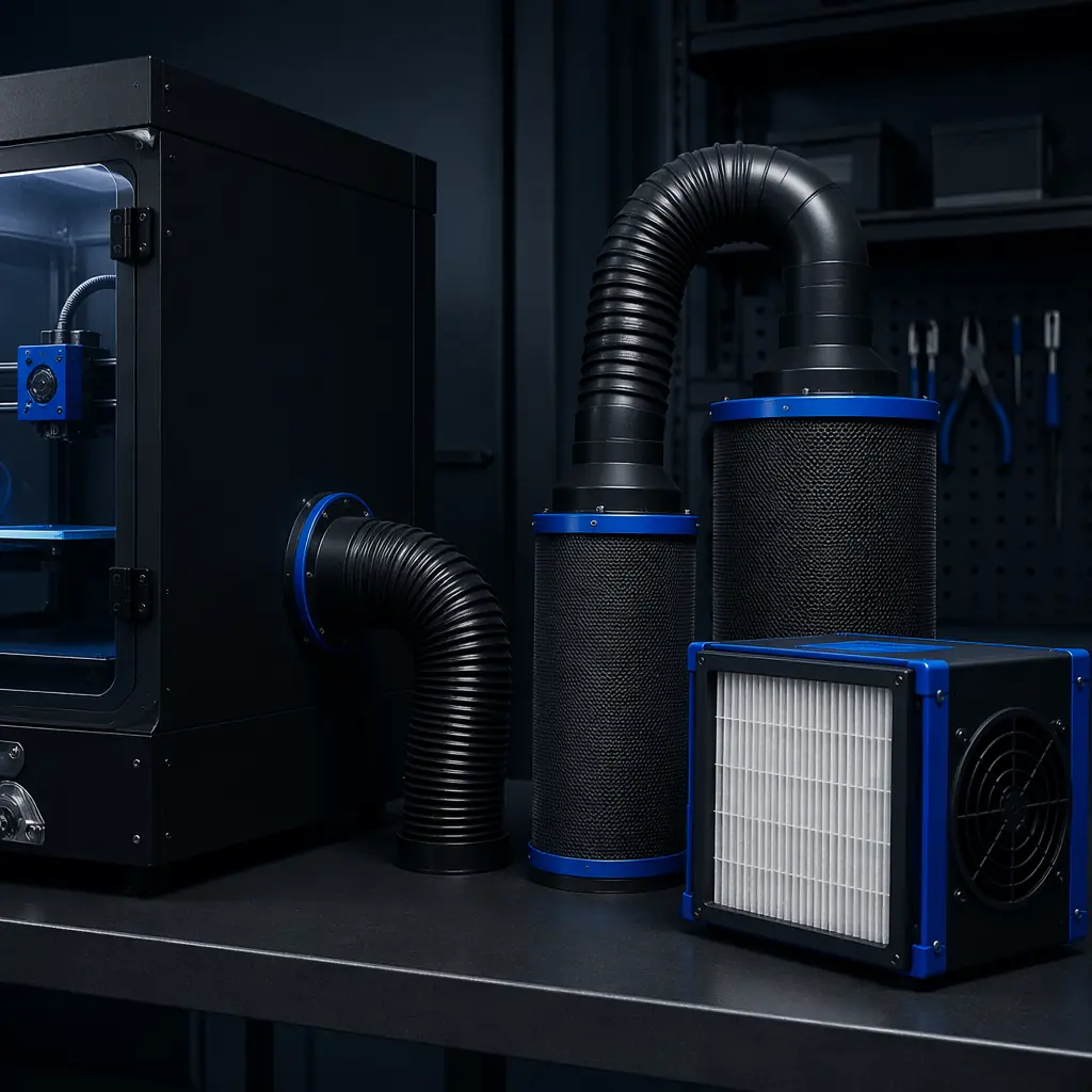 Ventilation system setup for 3D printer enclosure, ducted exhaust with inline fan and carbon filter, professional workshop environment with air quality monitoring display, clean navy-blue industrial aesthetic