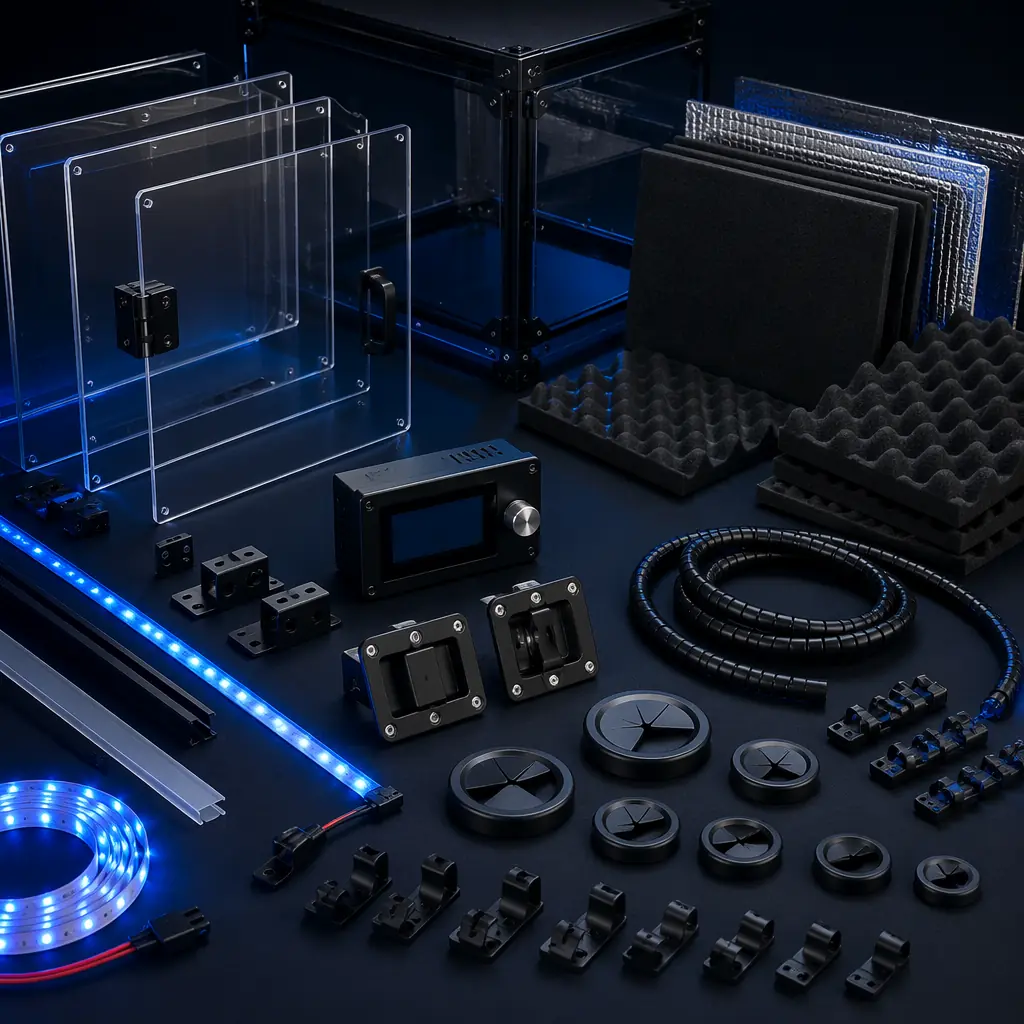 Side-by-side comparison of 3D printer enclosure types — acrylic tent, rigid aluminum-frame, and heated chamber — in a professional product photography setting with navy backdrop, spec labels, and ventilation accessories displayed